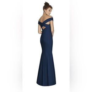 Dressy Collection navy off the shoulder cross back gown size 6. NWT